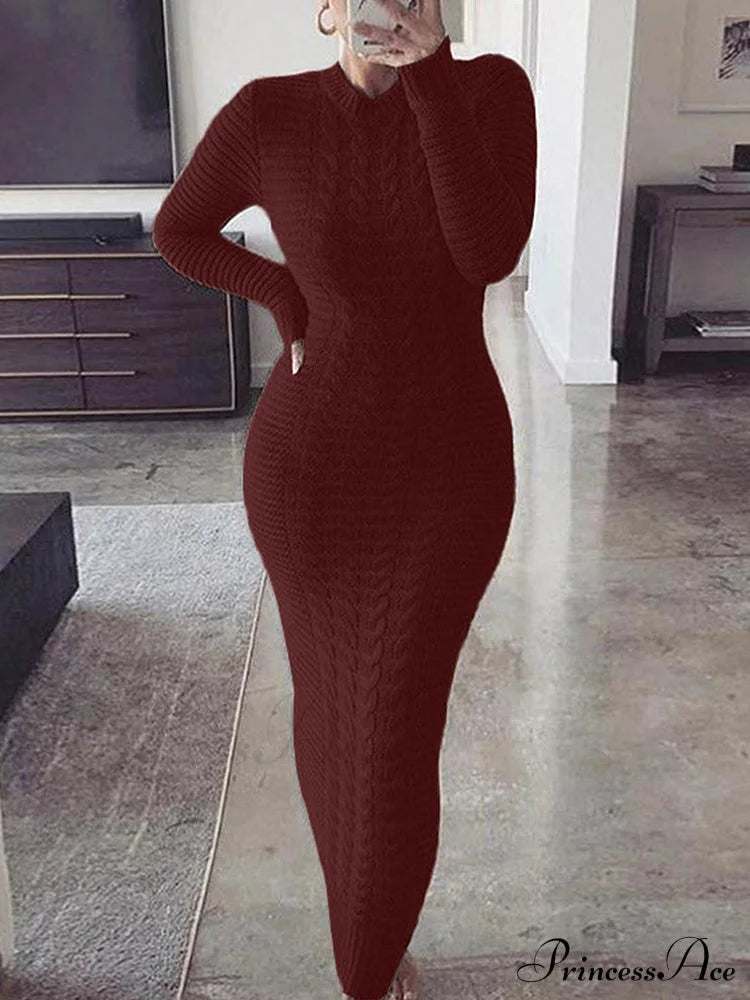 Knitted Black Long Trendy Sleeve Mini Dress Burgundy / S Dresses