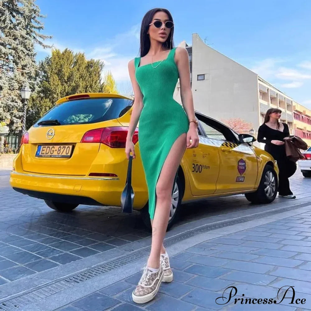 Knitted Bodycon Backless Mini Dress Green / S