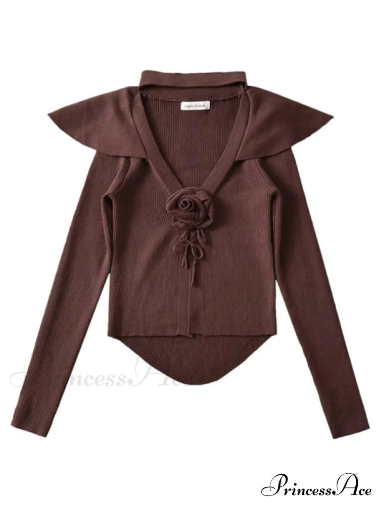 Women's new style French rose large lapel scarf knitted Crop cardigan Brown cardigan cardigans clothes crop top crop tops cropped top croptop long sleeve top long sleeve tops top tops