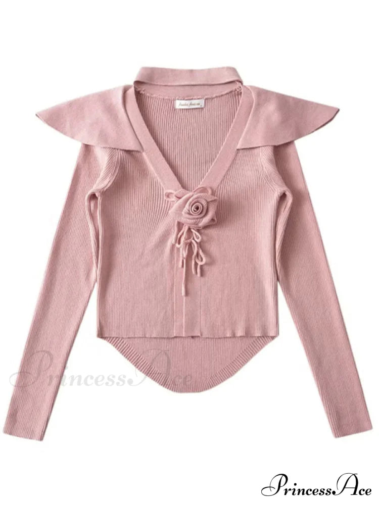 Women's new style French rose large lapel scarf knitted Crop cardigan Pink cardigan cardigans clothes crop top crop tops cropped top croptop long sleeve top long sleeve tops top tops