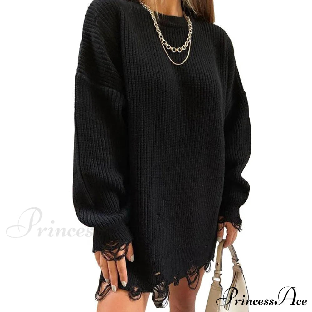 Knitted Casual O Neck Long Sleeve Fashion Sweater 01 Black / S Sweaters-L