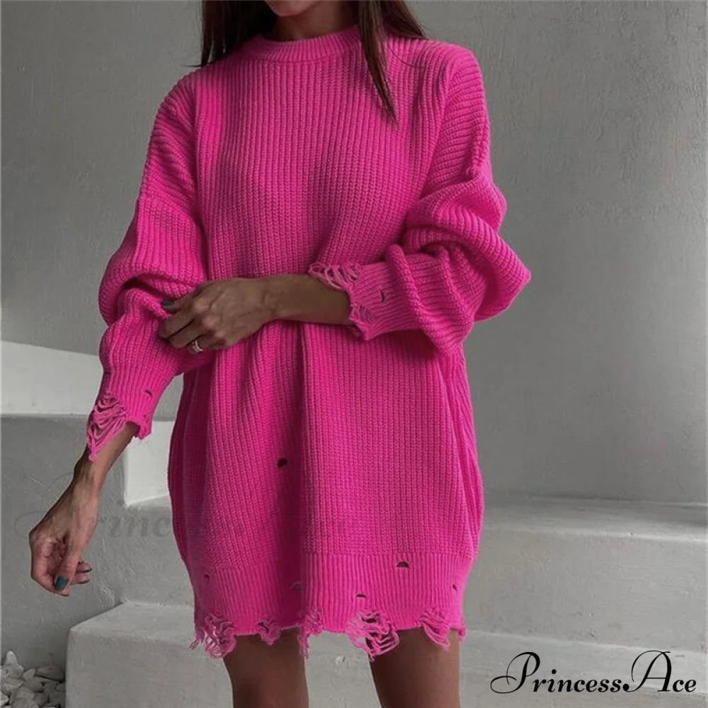 Knitted Casual O Neck Long Sleeve Fashion Sweater 01 Pink / S Sweaters-L