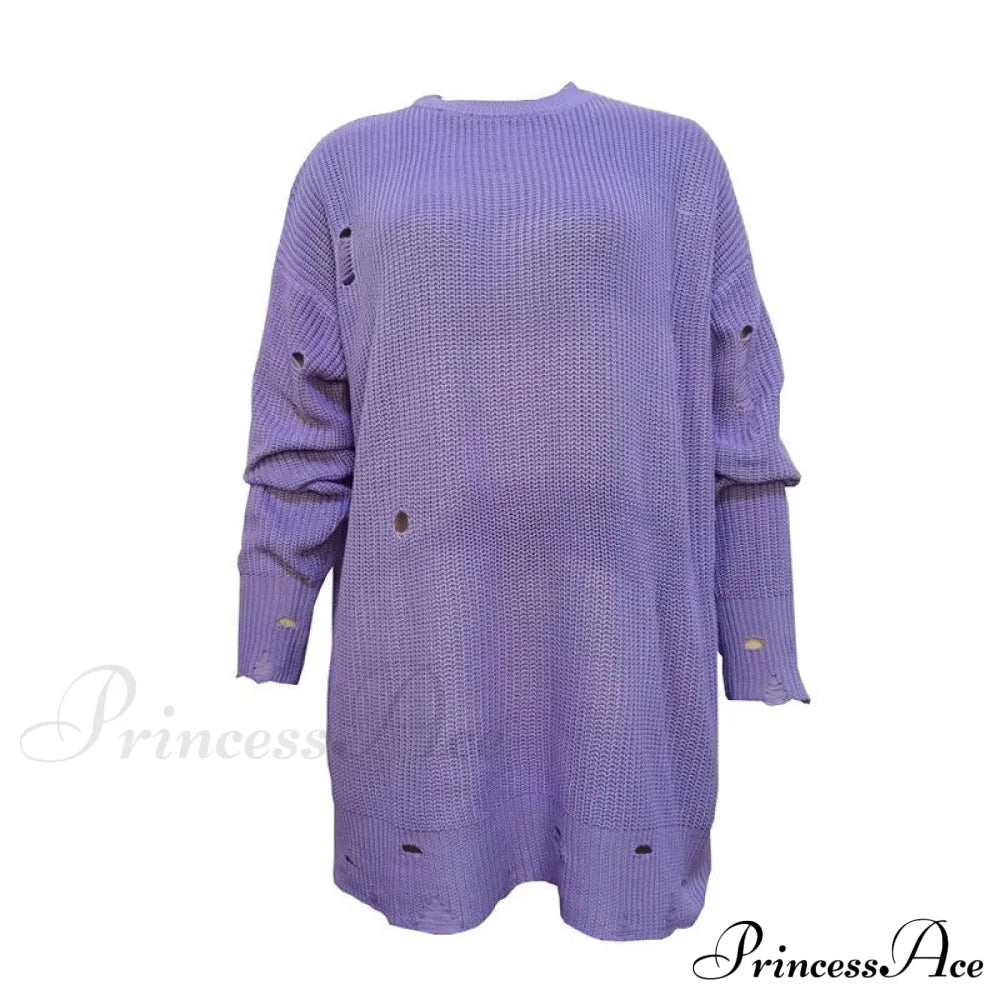 Knitted Casual O Neck Long Sleeve Fashion Sweater 01 Purple / S Sweaters-L