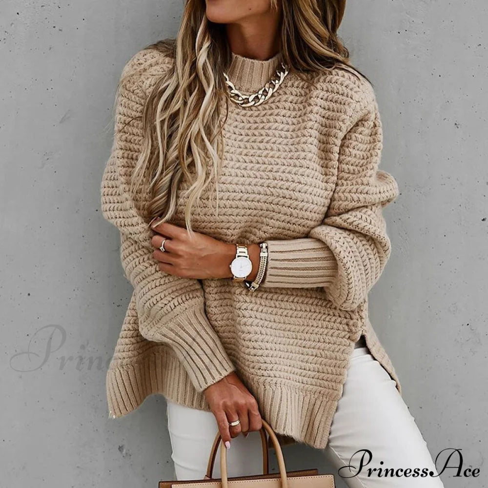 Knitted Casual O Neck Long Sleeve Fashion Sweater 02 Apricot / S Sweaters-L