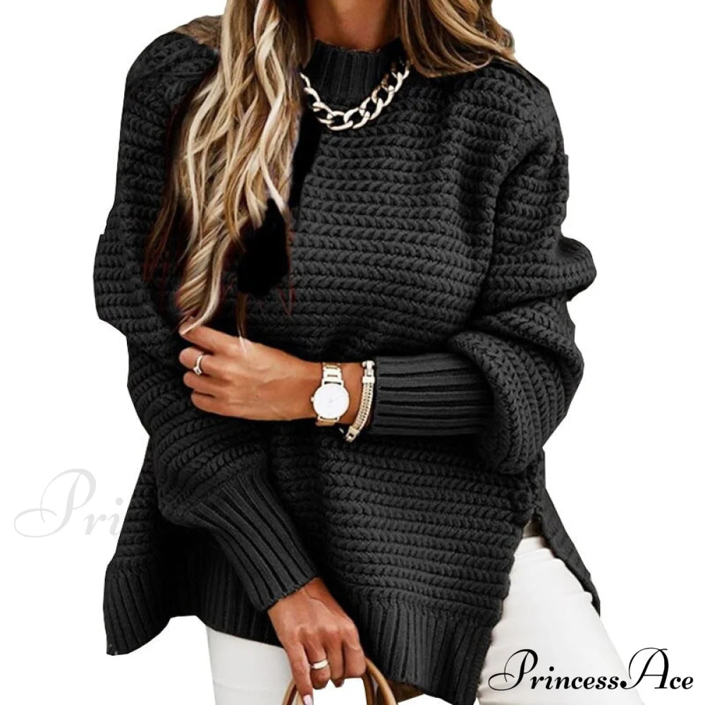 Knitted Casual O Neck Long Sleeve Fashion Sweater 02 Black / S Sweaters-L