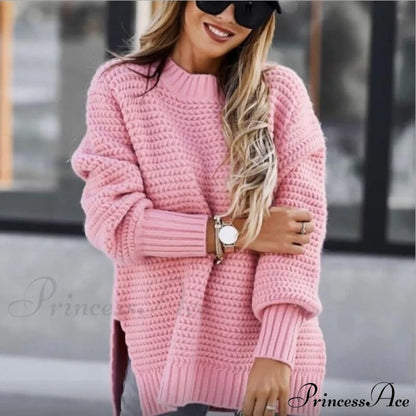 Knitted Casual O Neck Long Sleeve Fashion Sweater 02 Pink / S Sweaters-L