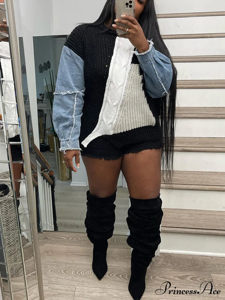 Knitted Color Block Turtleneck Modern Long Sleeve Sweater - Pink Black / One Size Sweaters-L