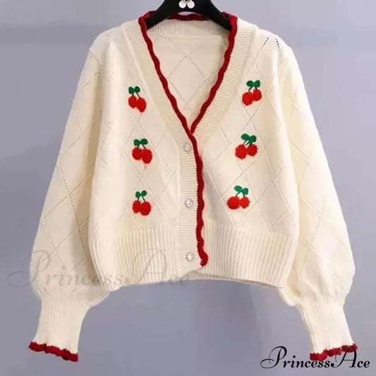 Knitted Cozy Autumnal Winter V-Neck Floral Casual Long Sleeve Comfortable Stylish Sweater White /