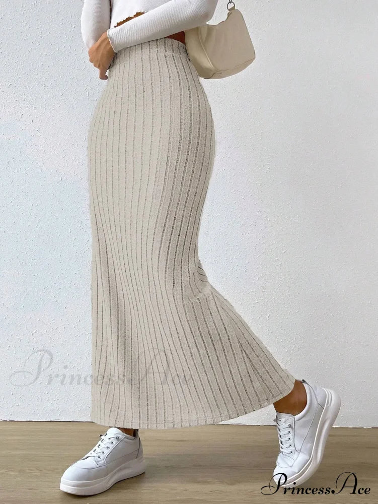 Knitted Elegant Stylish High Waist Slim Solid Color Trendy Hip Slits Skirt