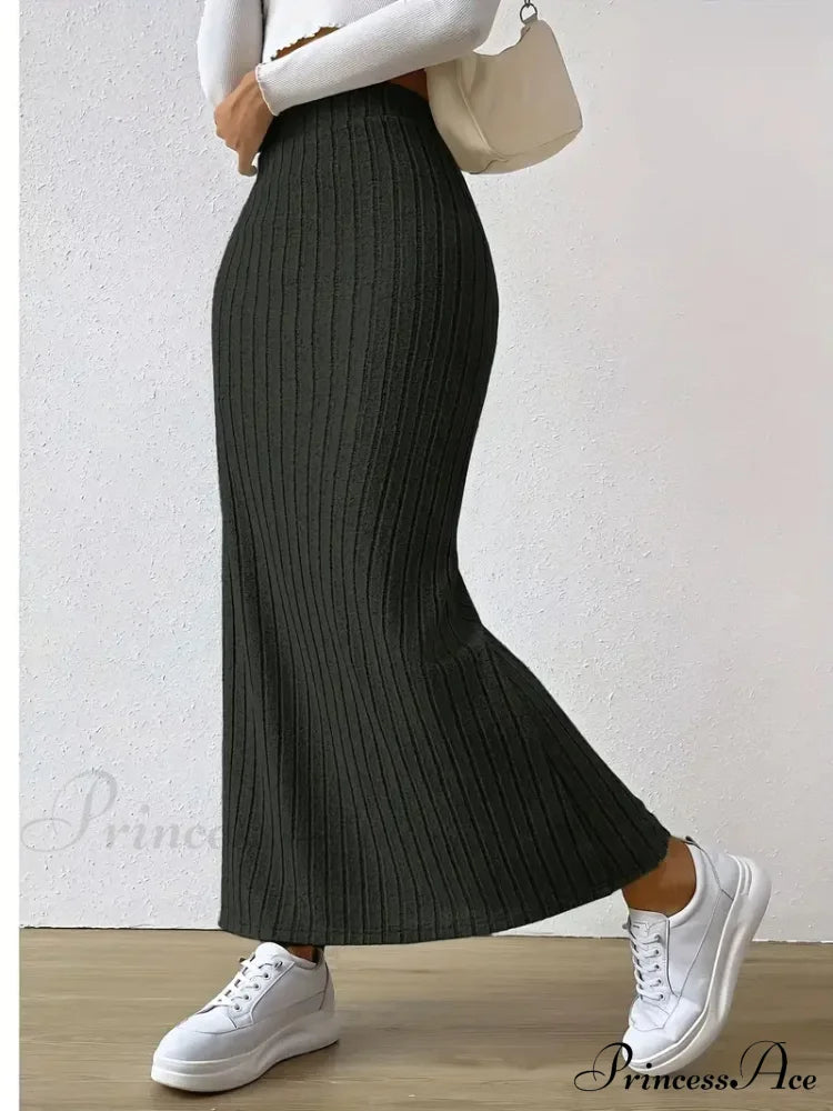 Knitted Elegant Stylish High Waist Slim Solid Color Trendy Hip Slits Skirt