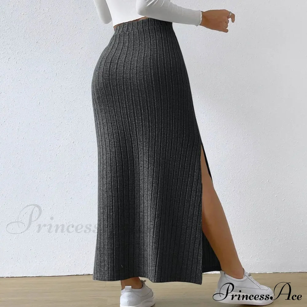 Knitted Elegant Stylish High Waist Slim Solid Color Trendy Hip Slits Skirt