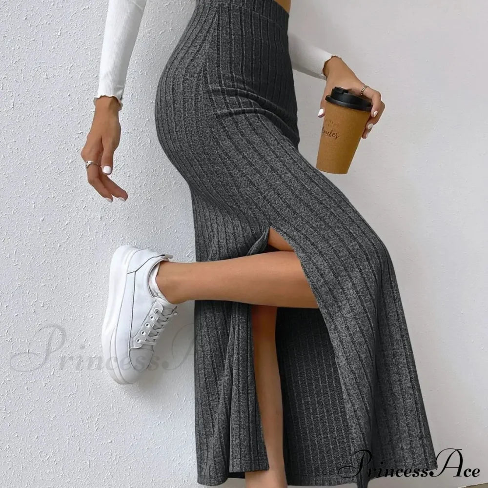 Knitted Elegant Stylish High Waist Slim Solid Color Trendy Hip Slits Skirt