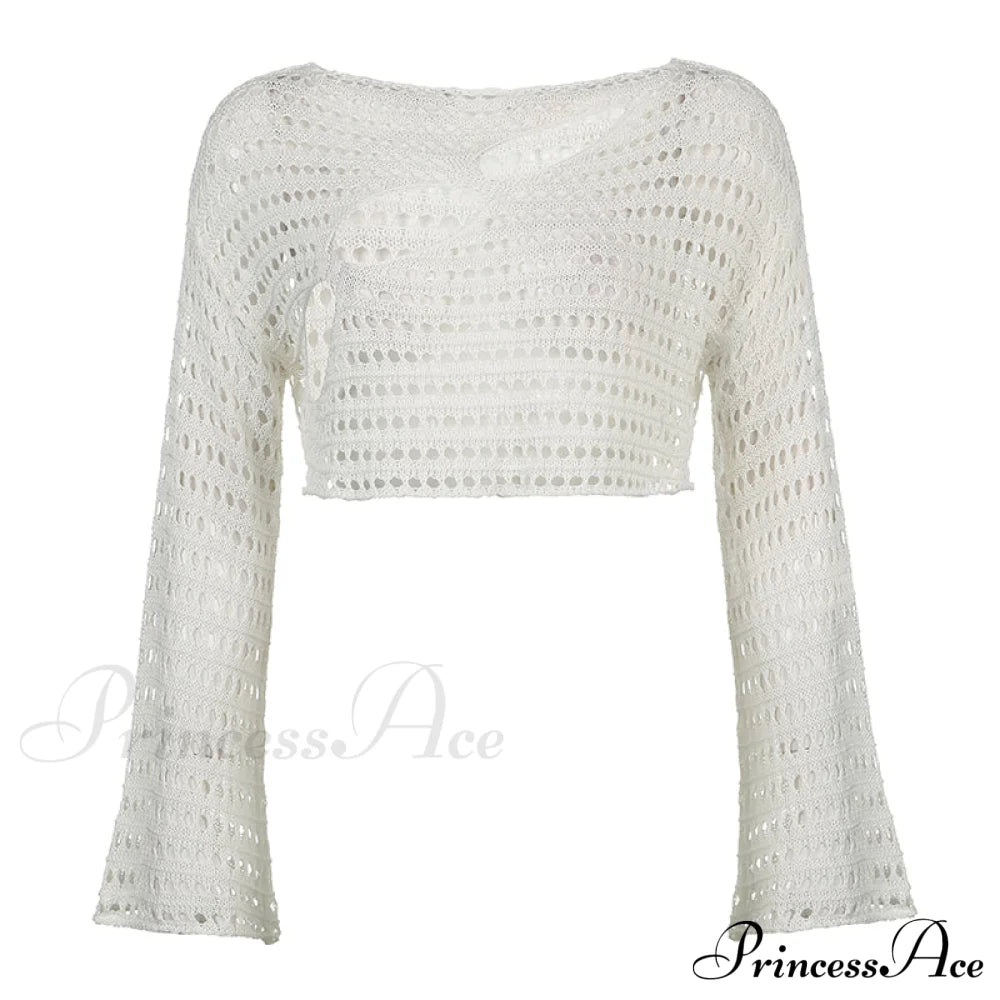 Knitted Flare Casual Vacation T-Shirts Clothes Hollow Out Warm-Season Through Women Y2K O See Neck