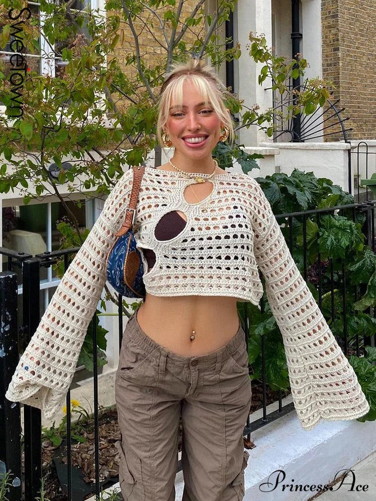 Knitted Flare Casual Vacation T-Shirts Clothes Hollow Out Warm-Season Through Women Y2K O See Neck