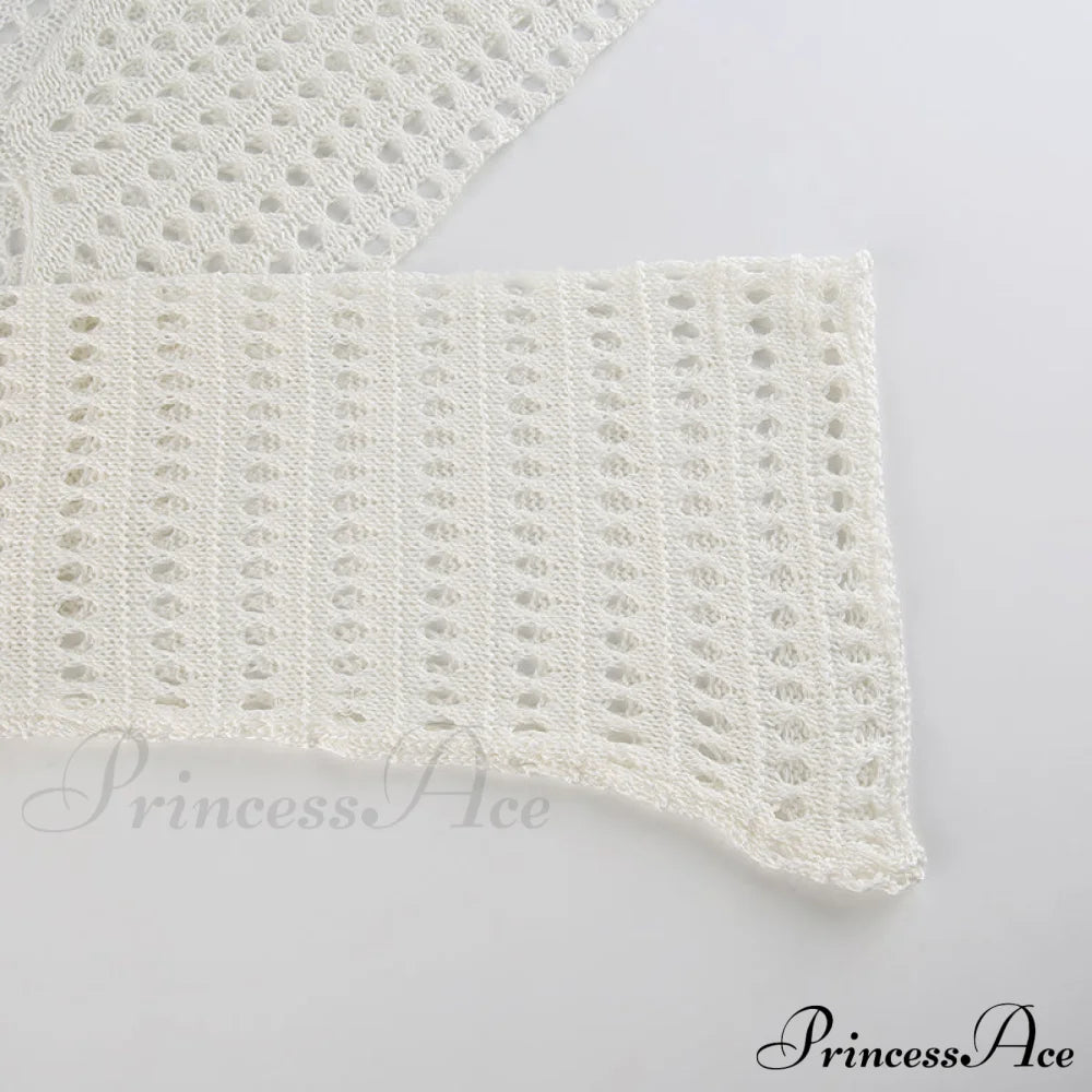 Knitted Flare Casual Vacation T-Shirts Clothes Hollow Out Warm-Season Through Women Y2K O See Neck