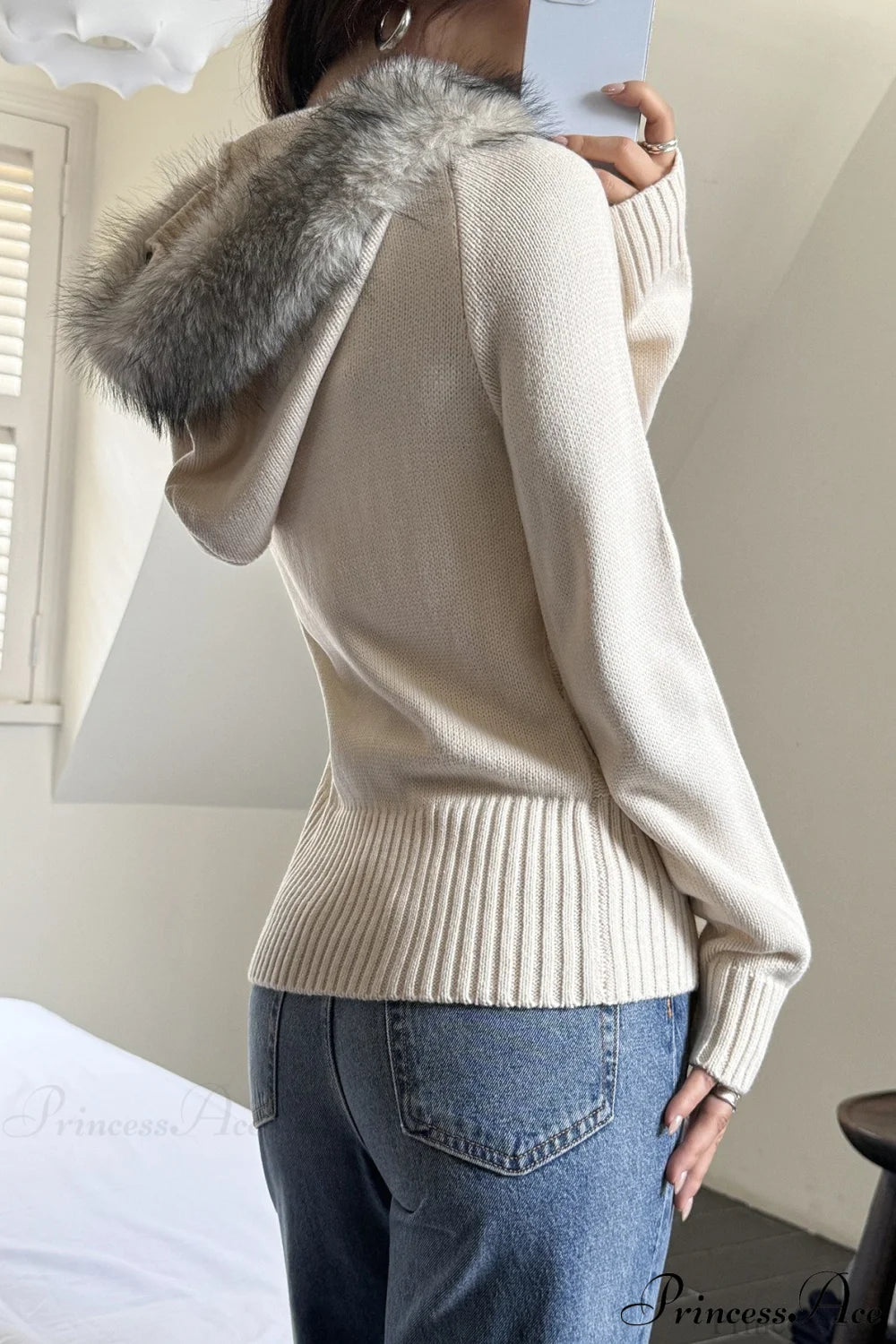 Knitted Fleece Collar Waist-Cinched Zip Hoodie