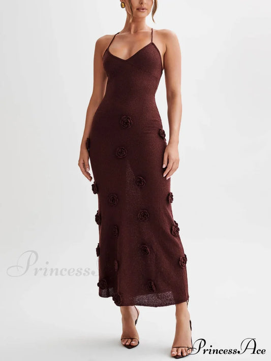 Knitted Floral Stylish Midi Dress Wine Red / S Dresses