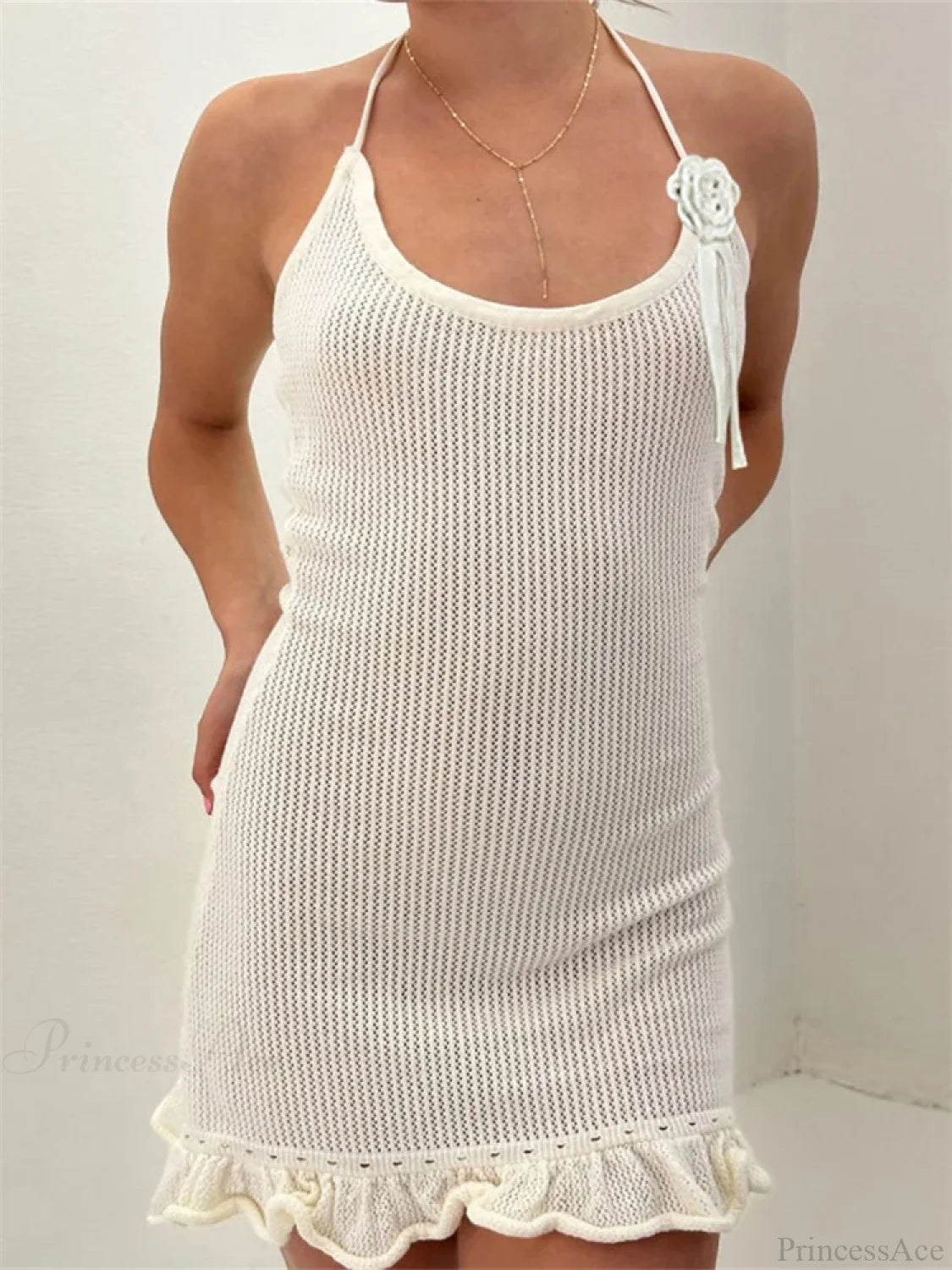 Knitted Flower Ruffled Mini Dress white / S minidress-250223