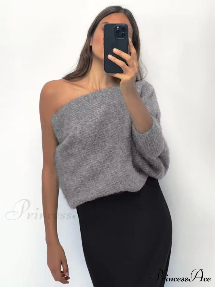 Knitted For Sweater Asymmetrical Arm Long Top Women Sweaters-L