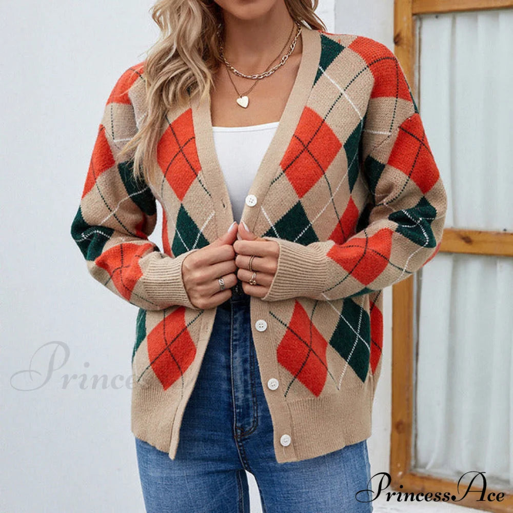 Casual Geometric Knitted Cardigan Brown best Best Sellings cardigan cardigans clothes Sale tops Topseller