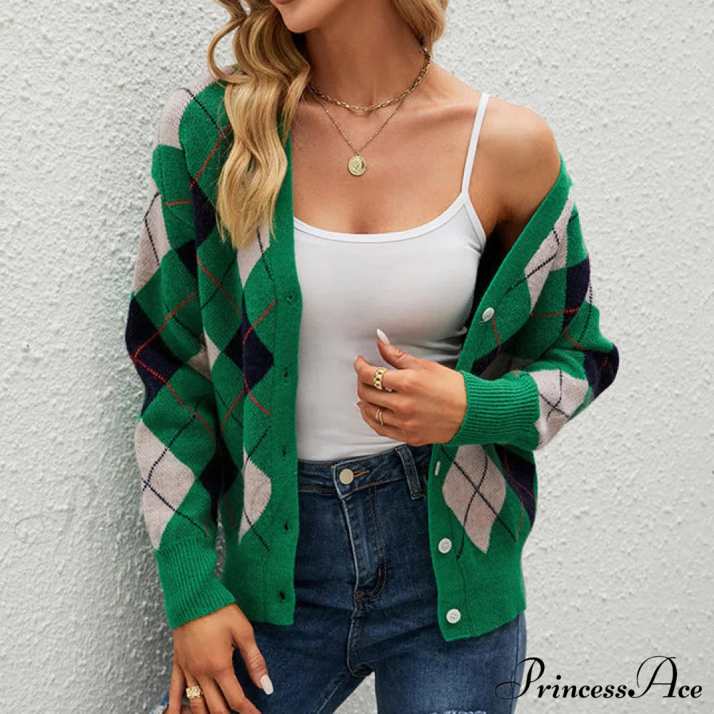 Casual Geometric Knitted Cardigan Green best Best Sellings cardigan cardigans clothes Sale tops Topseller