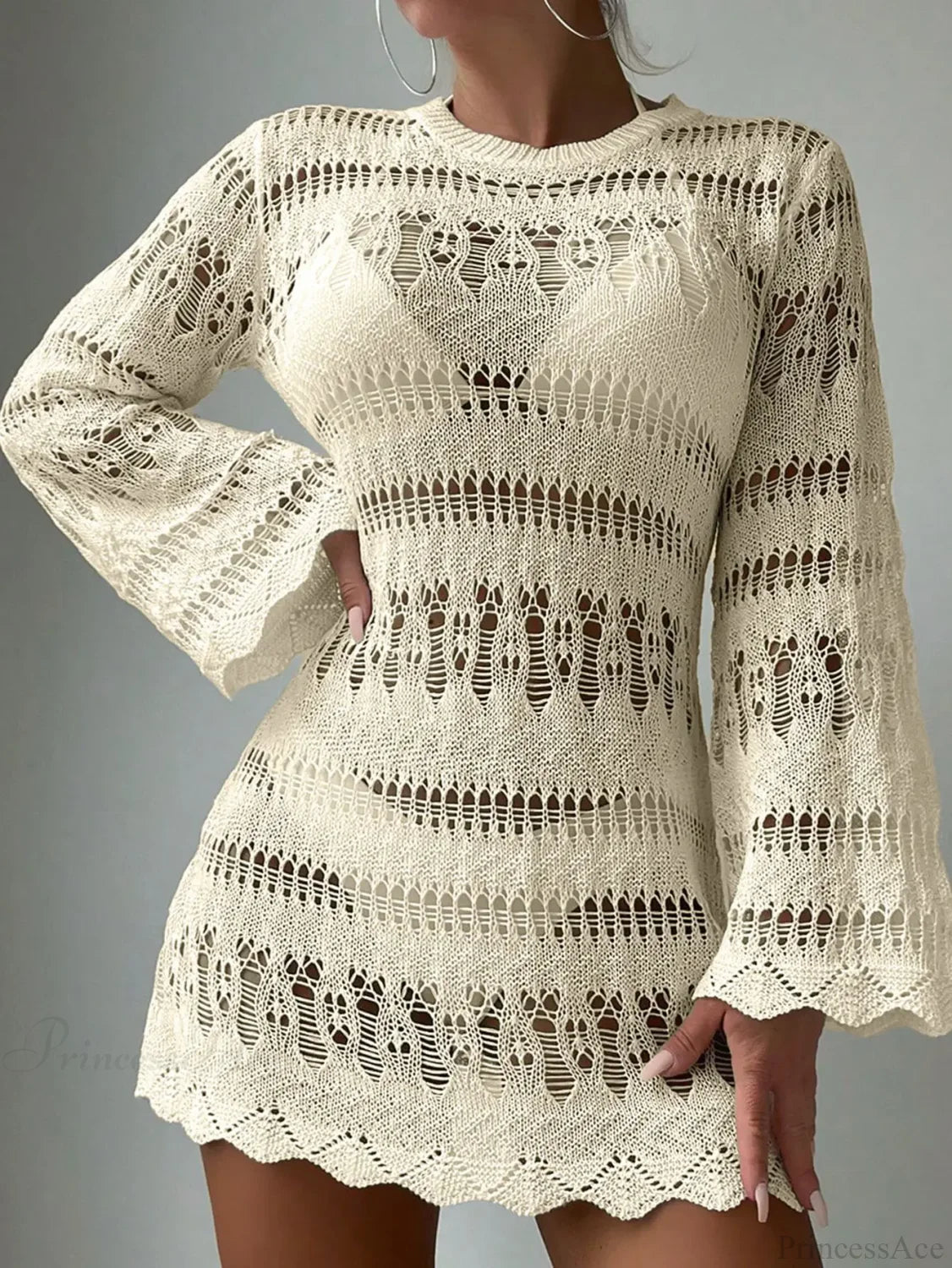 Knitted Hollow Out Sexy Backless Beach Mini Boho Dress Cover-up Apricot / S bohodress-250126