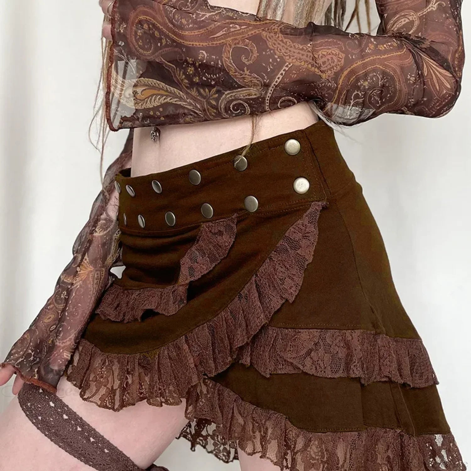 Knitted Lace Ruffled Brown Skirt skirts-250223