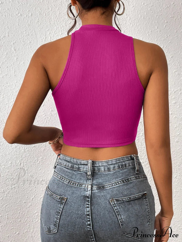 Knitted Neck Cropped Tank Top Asymmetrical Round For Women