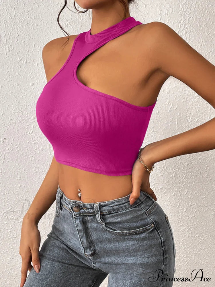 Knitted Neck Cropped Tank Top Asymmetrical Round For Women