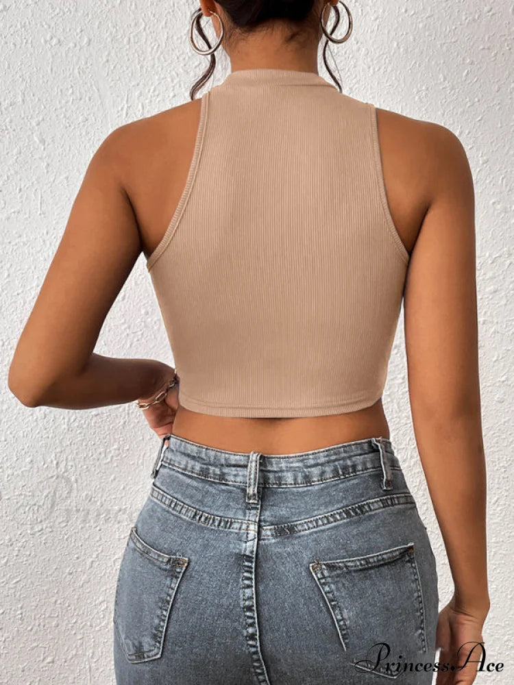 Knitted Neck Cropped Tank Top Asymmetrical Round For Women