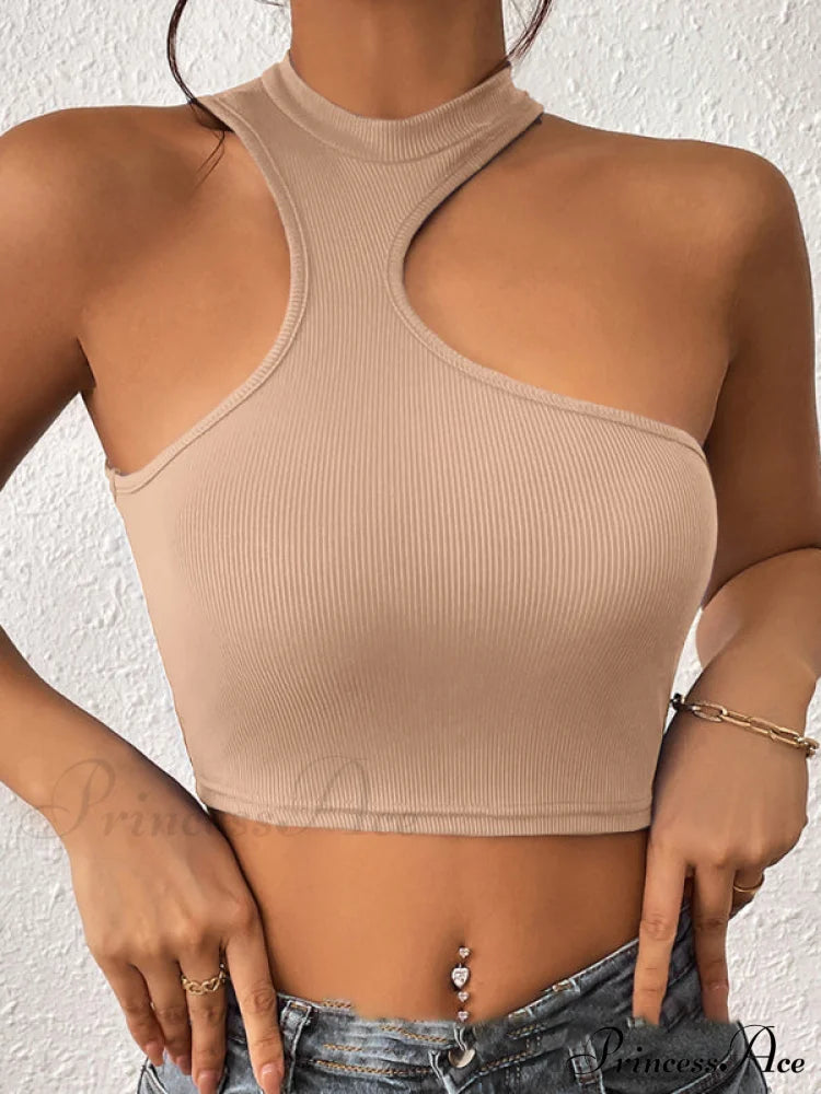 Knitted Neck Cropped Tank Top Asymmetrical Round For Women