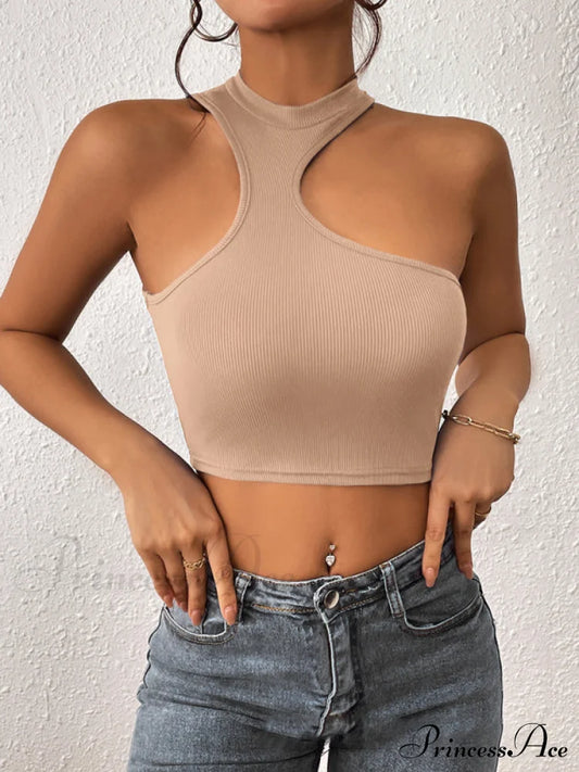 Women's Knitted Round Neck Cropped Asymmetrical Crop Tank Top Khaki clothes crop top croptop shirt shirts top tops