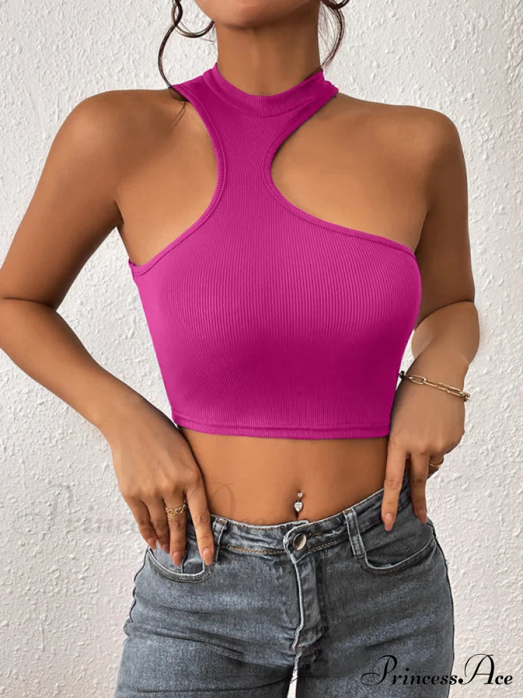 Women's Knitted Round Neck Cropped Asymmetrical Crop Tank Top Rose clothes crop top croptop shirt shirts top tops