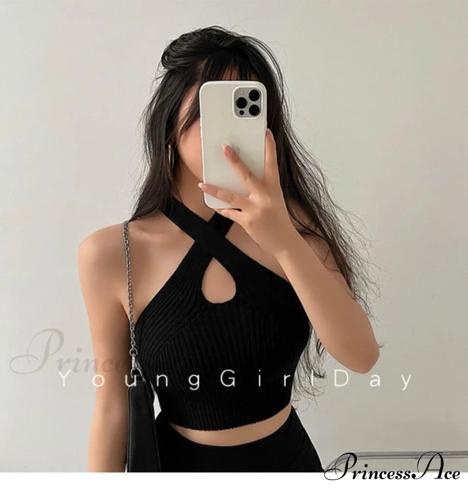 Knitted Off Shoulder Cross Strappy Sexy Tank Tops Black / One Size