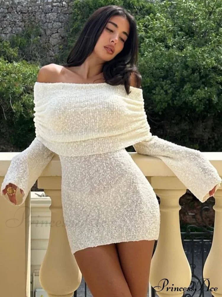 Knitted Off-Shoulder Long Charming Sleeve Mini Dress Solid