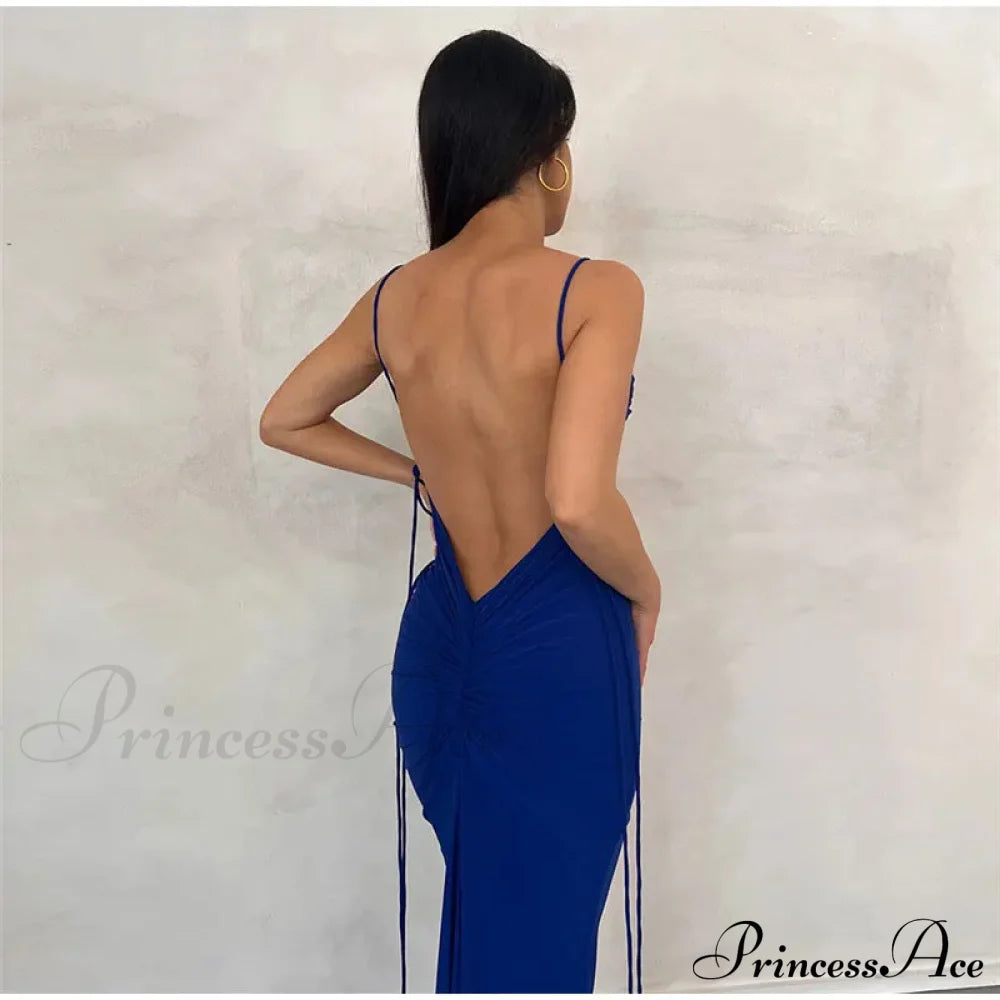 Knitted Open Back Maxi Dress Dark Blue / S