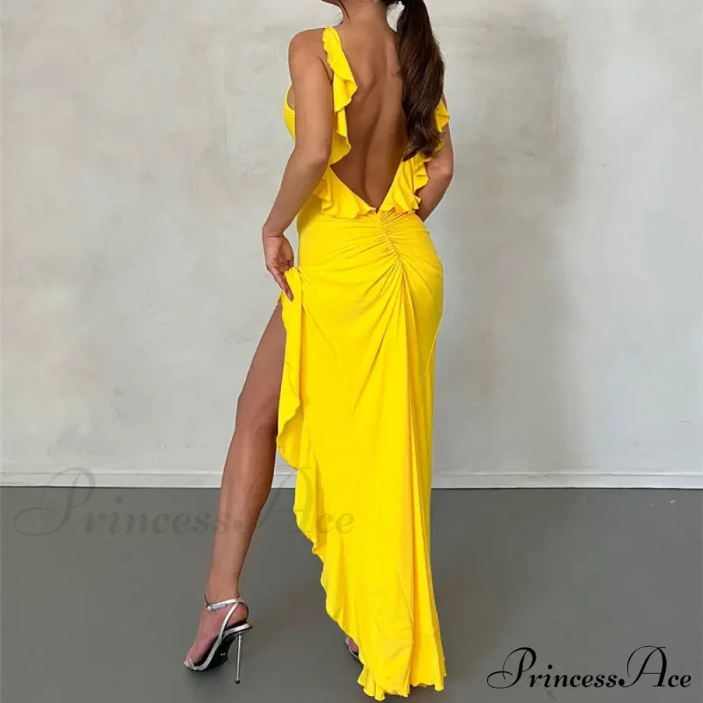 Knitted Open Back Maxi Dress Yellow / S