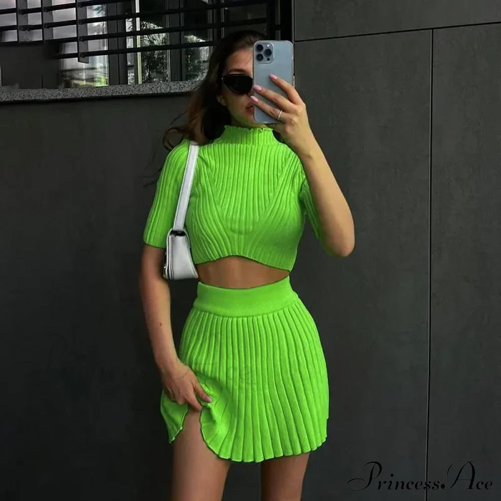 Knitted Pleated Matching Set Mini Dress Green / S