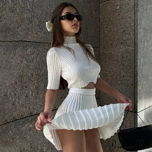 Knitted Pleated Matching Set Mini Dress White / S