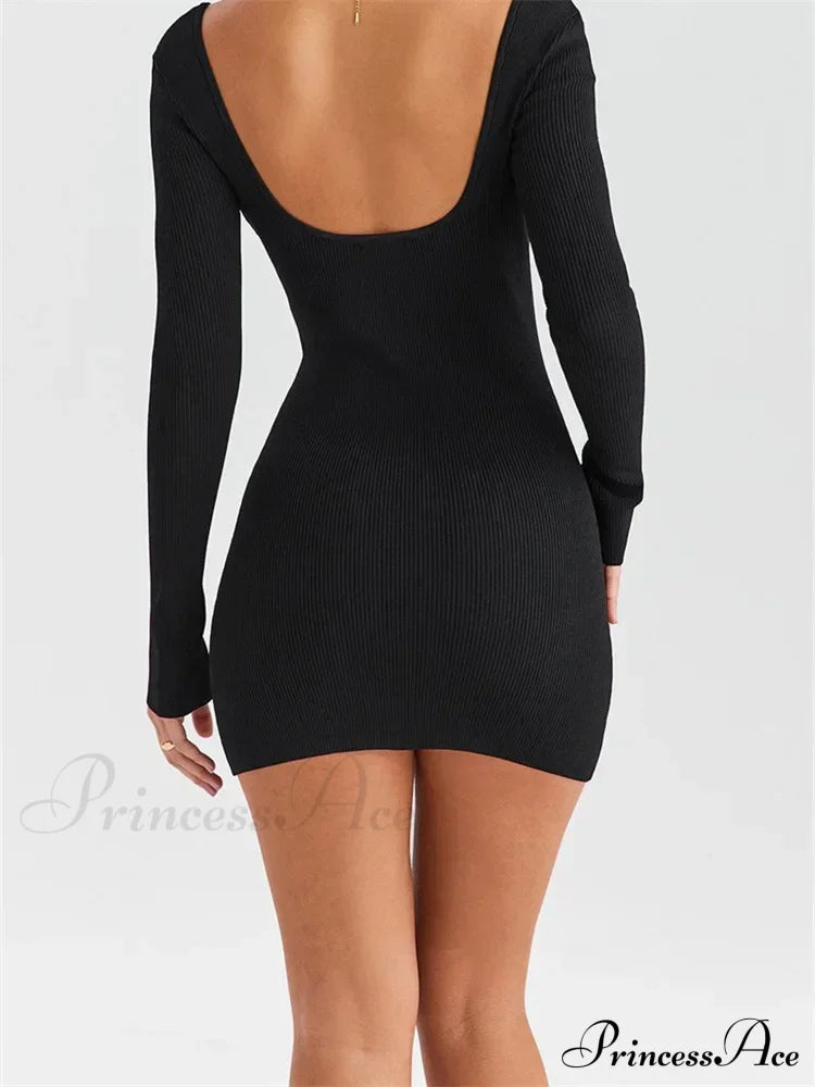 Knitted Ribbed Party Solid Long Sleeve Square Neck Mini Dress