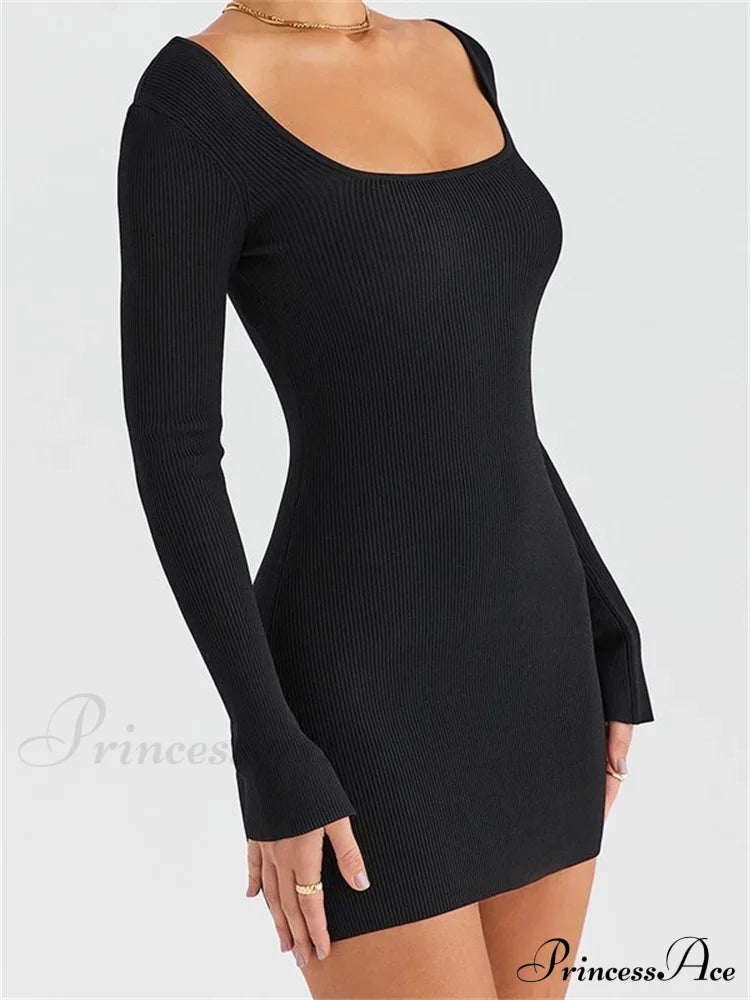 Knitted Ribbed Party Solid Long Sleeve Square Neck Mini Dress