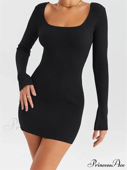 Knitted Ribbed Party Solid Long Sleeve Square Neck Mini Dress