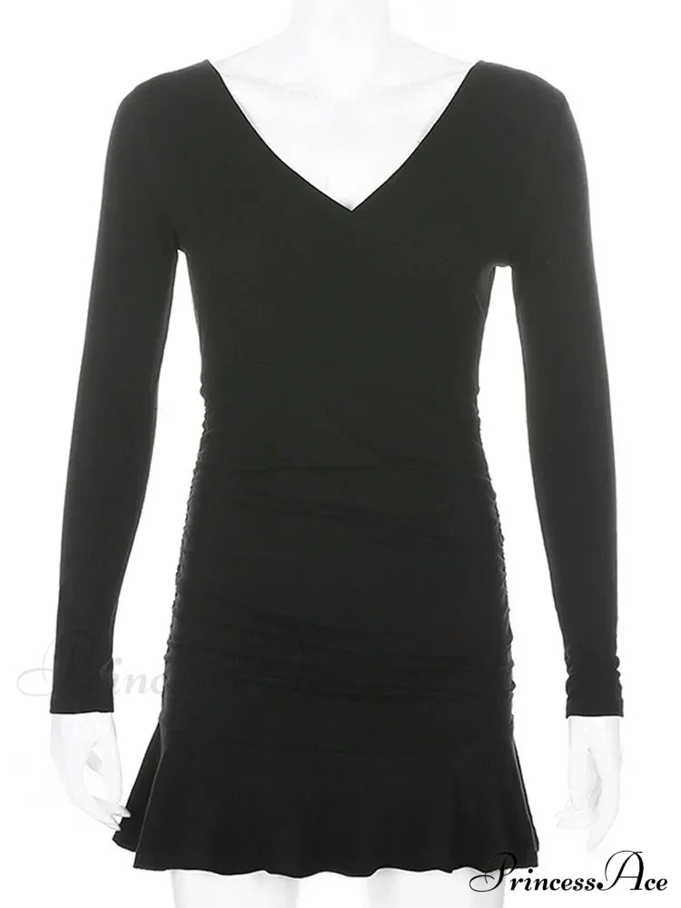 Knitted Ribbed V Neck Elegant Long Sleeve Mini Dress