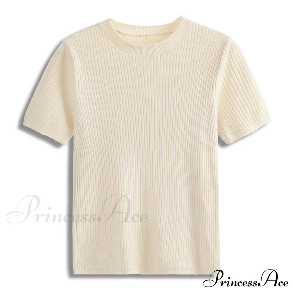 Knitted Short Sleeves Top Beige / One Size