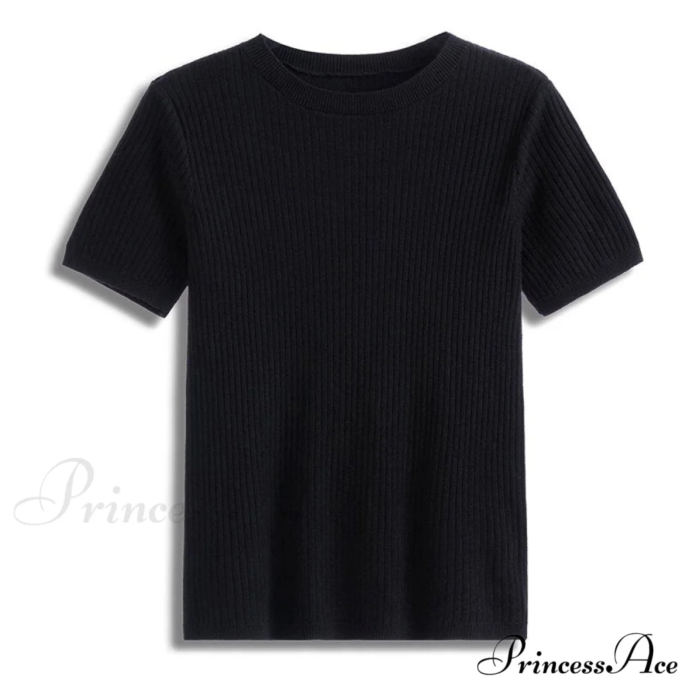 Knitted Short Sleeves Top Black / One Size