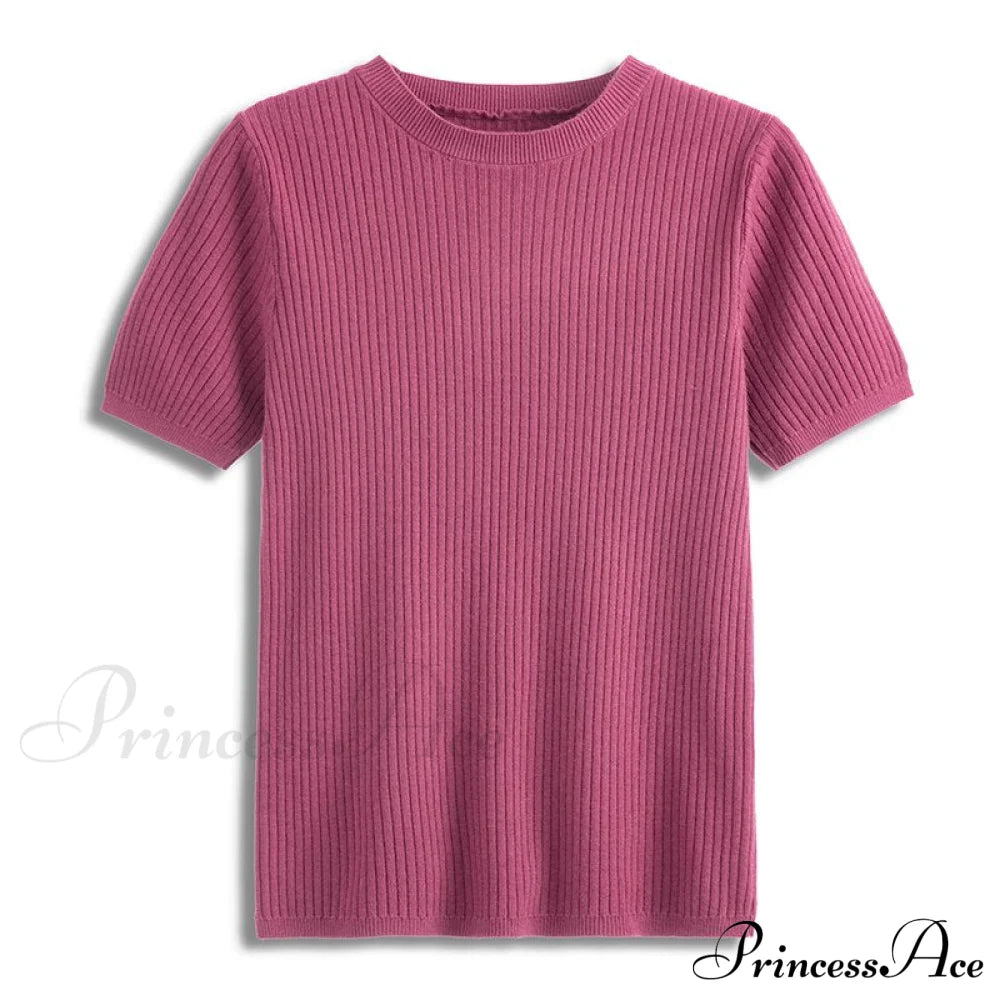 Knitted Short Sleeves Top Fuchsia / One Size