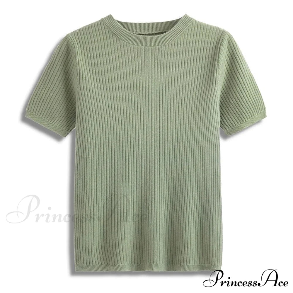 Knitted Short Sleeves Top Green / One Size