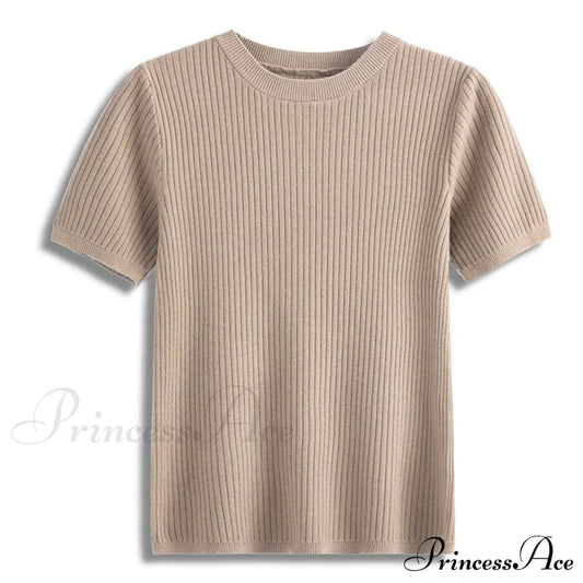 Knitted Short Sleeves Top Khaki / One Size