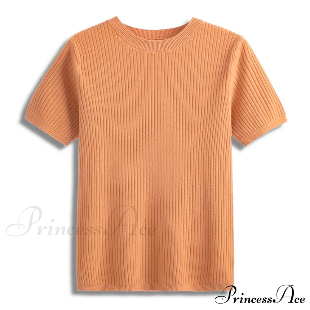 Knitted Short Sleeves Top Orange / One Size