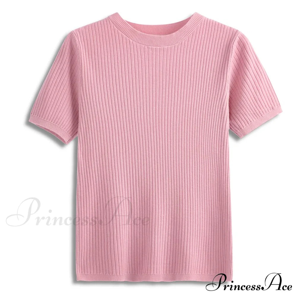 Knitted Short Sleeves Top Pink / One Size